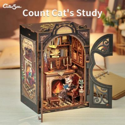 Book Nook Kit - DIY Dollhouse Miniature House Kit for Adults, Teens and Beginners, Tiny House Booknook Bookshelf Decor 3D Wooden Puzzle, Gifts for Family, Friends (Count Cat's Study