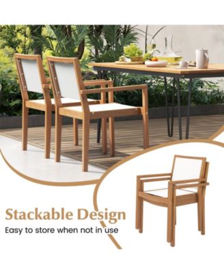 Stackable Outdoor Dining Chair Set of 2 with Acacia Wood Frame