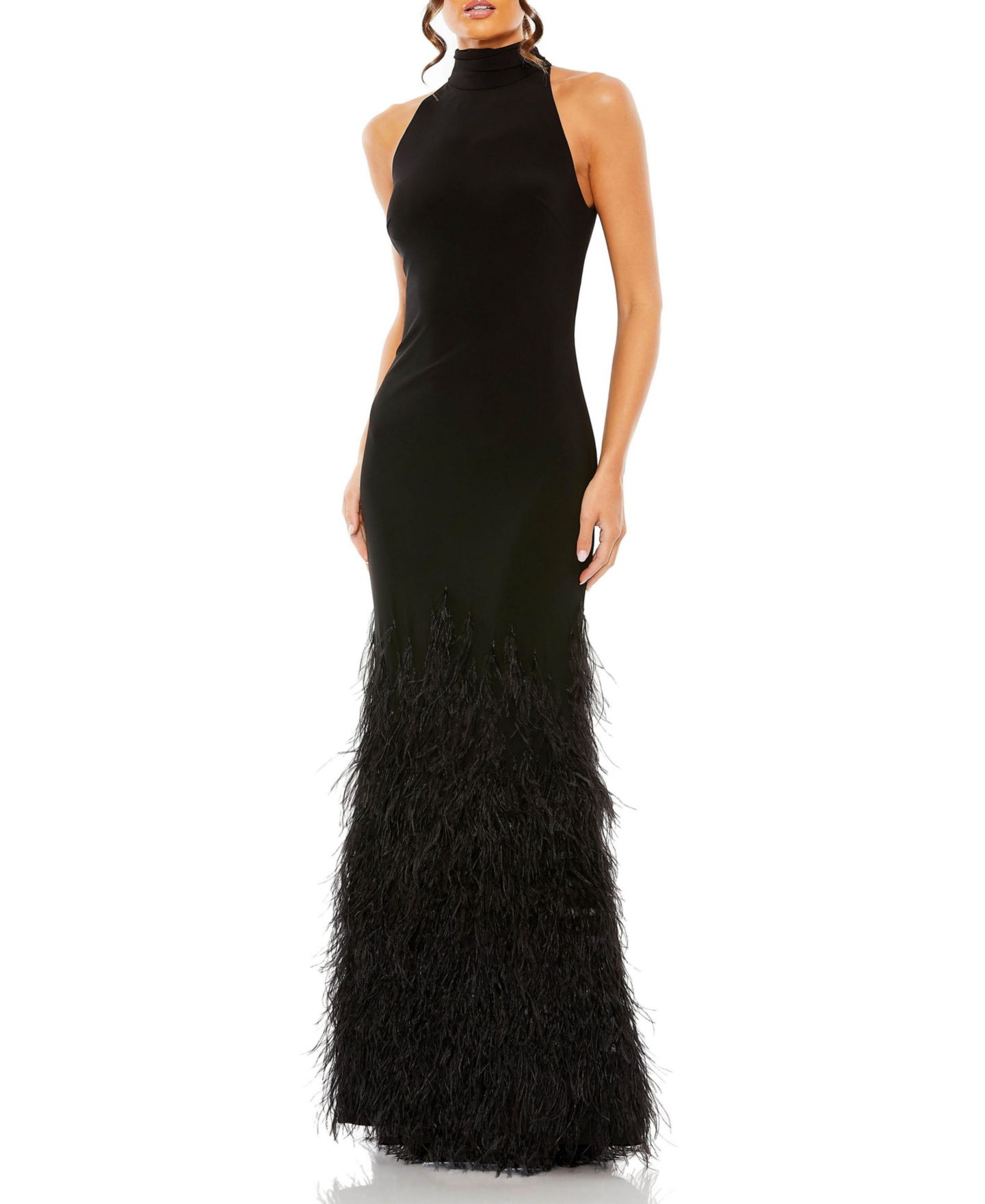 Женские платья Mac Duggal Jersey Halter Gown with Feather Tiered Detail, цвет: Чёрный — фото 8