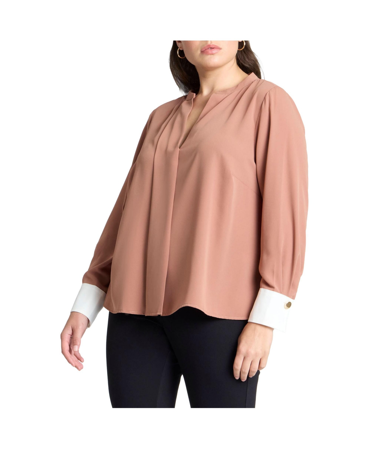 Plus Size Neck Pleat Blouse With Contrast Cuff - Black white
