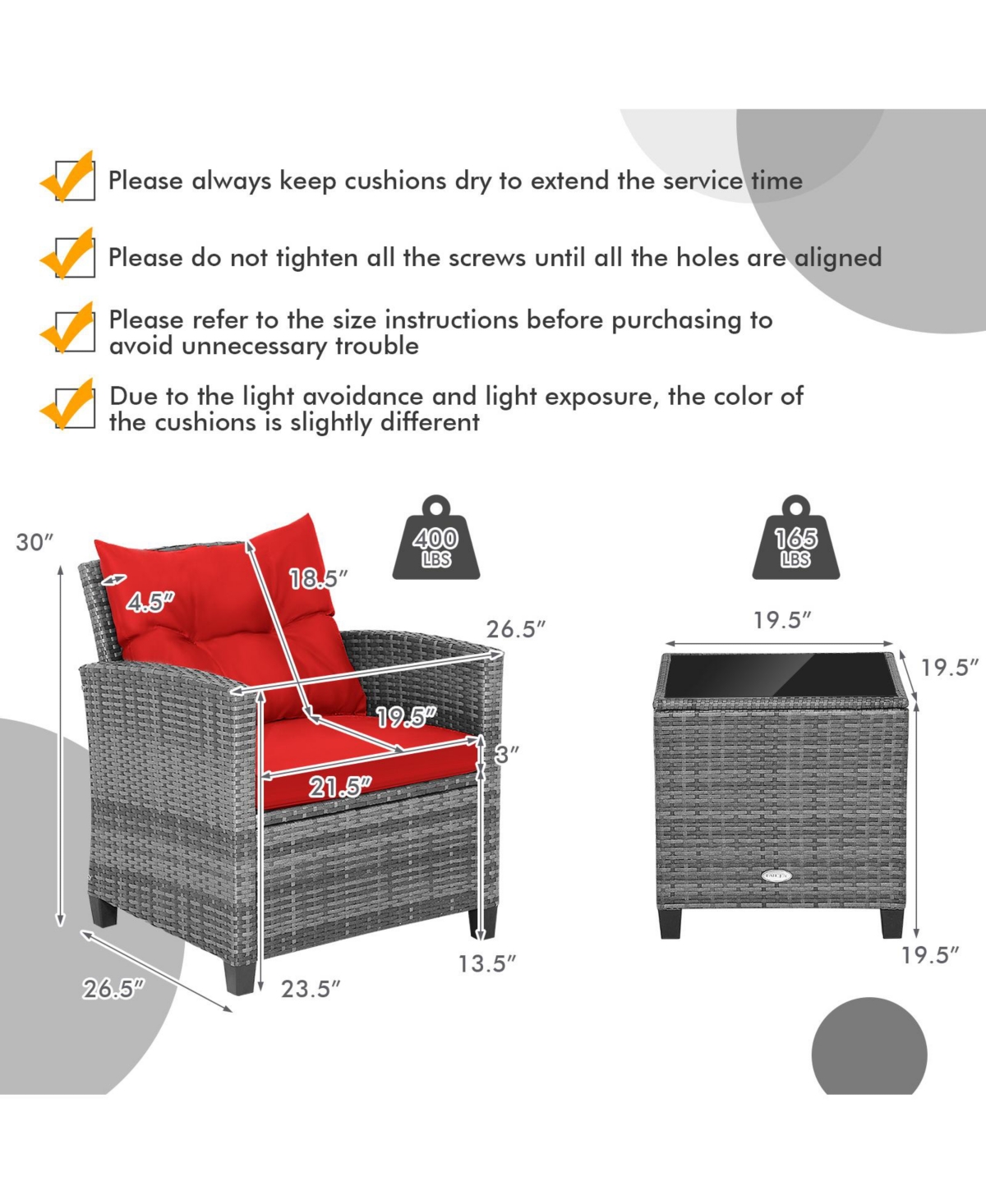 3 Pieces Outdoor Wicker Conversation Set with Tempered Glass Tabletop