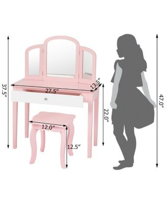 Kids Princess Make Up Dressing Table with Tri-folding Mirror and Chair