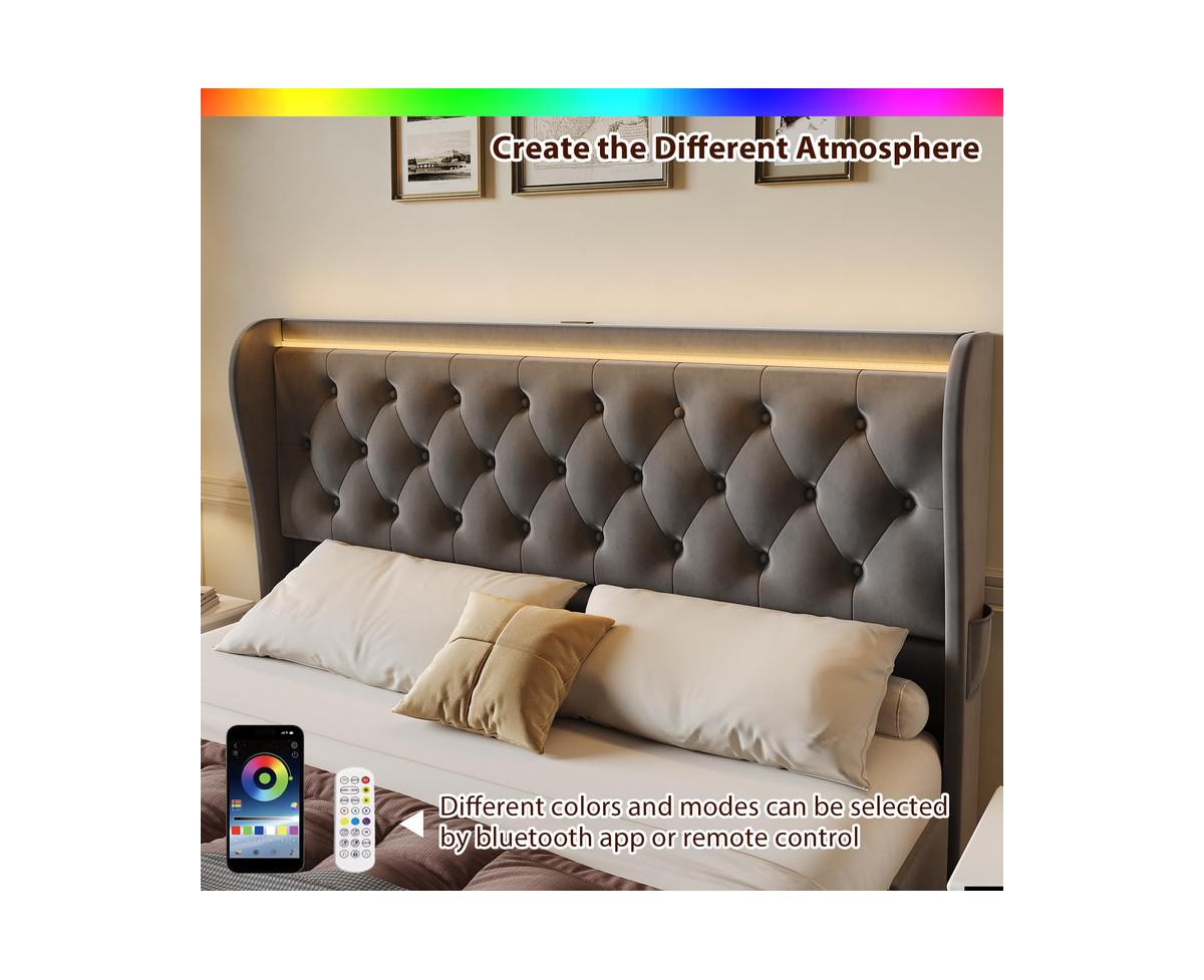 gaomon Led Bed Frame with Charging Station, Velvet Upholstered Platform Bed Frame with Button Wingback Headboard, Metal Frame with No Box Spring