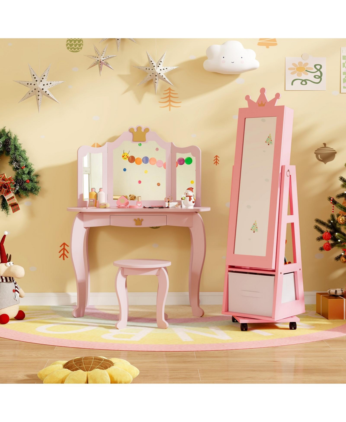 Gouun Kids Jewelry Armoire Cabinet with Swivel Base and Lockable Universal Wheels