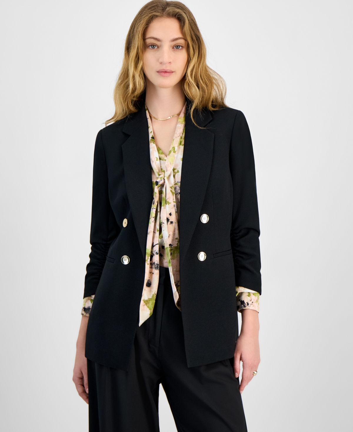 Bar Iii Women's Faux Double-breasted Scrunch-sleeve Blazer, Exclusively At Macy's In Black