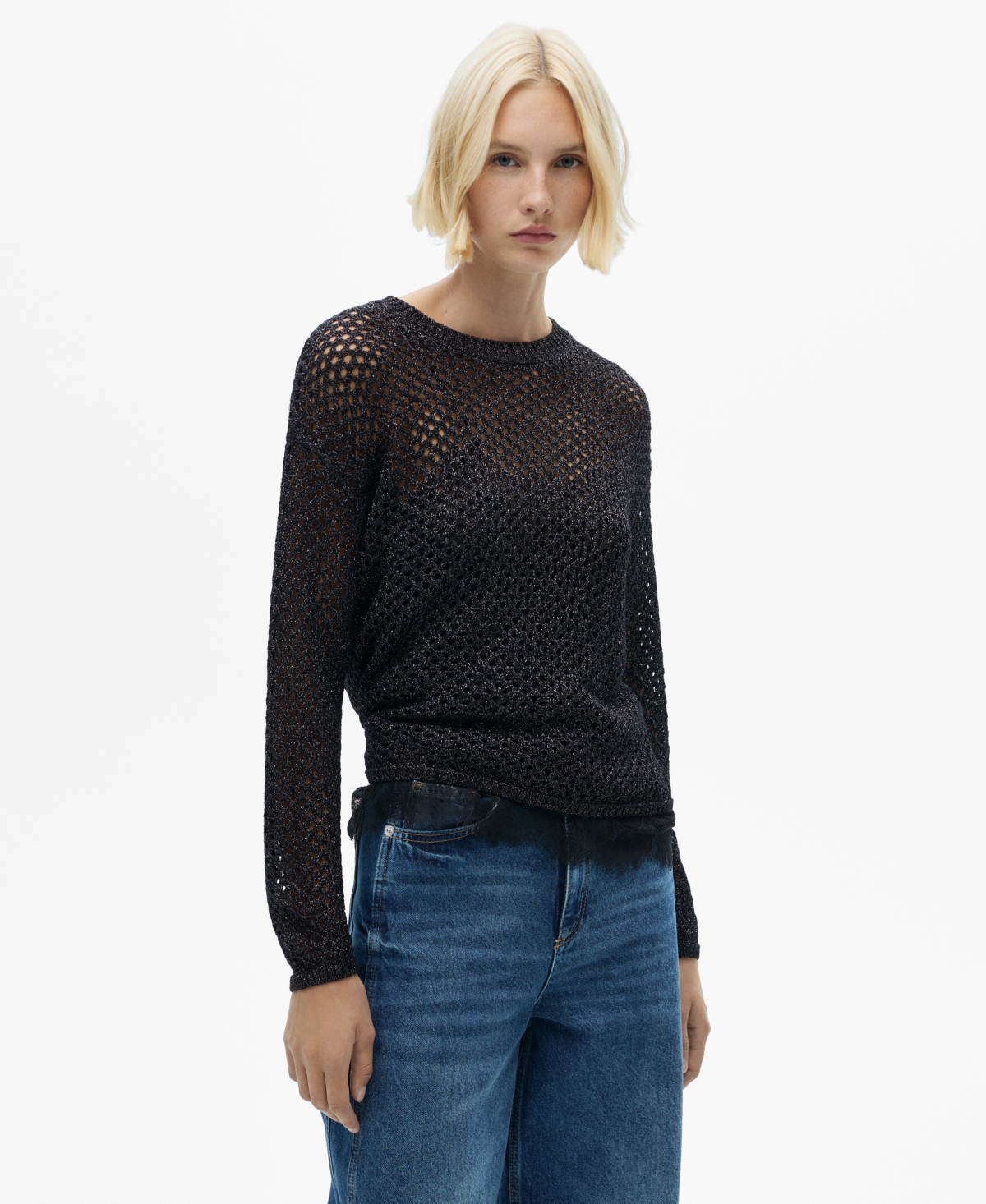 Mango Women's Lurex Openwork Knit Sweater In Black