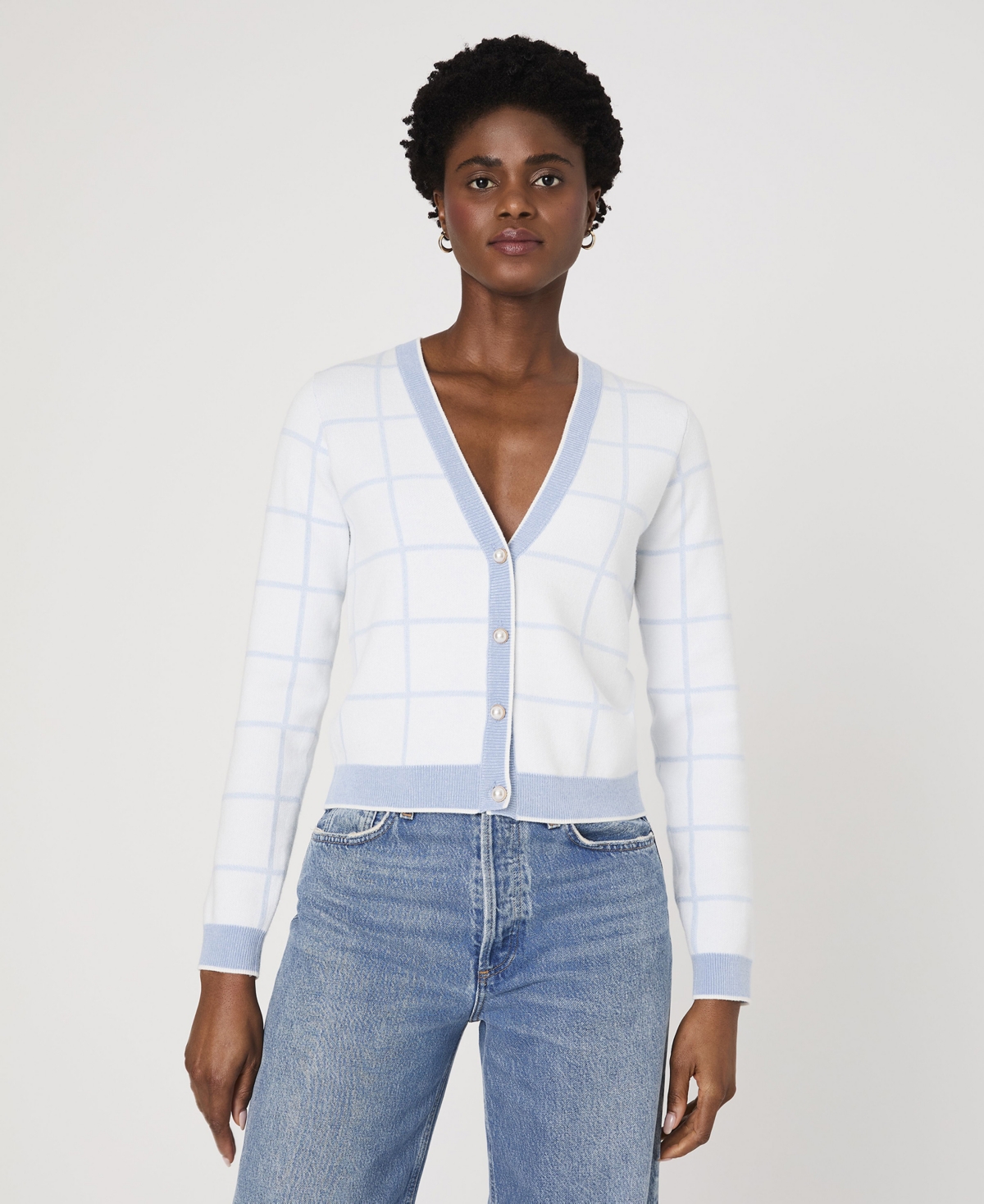 French Connection Women's Check-print Button-front Cardigan In Summer White,sky Blue