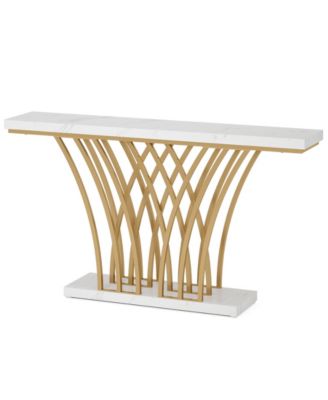 Modern Gold Console Table with Grid-Shaped Metal Base and 59-Inch Faux Marble Top for Entryway, Hallway or Living Room