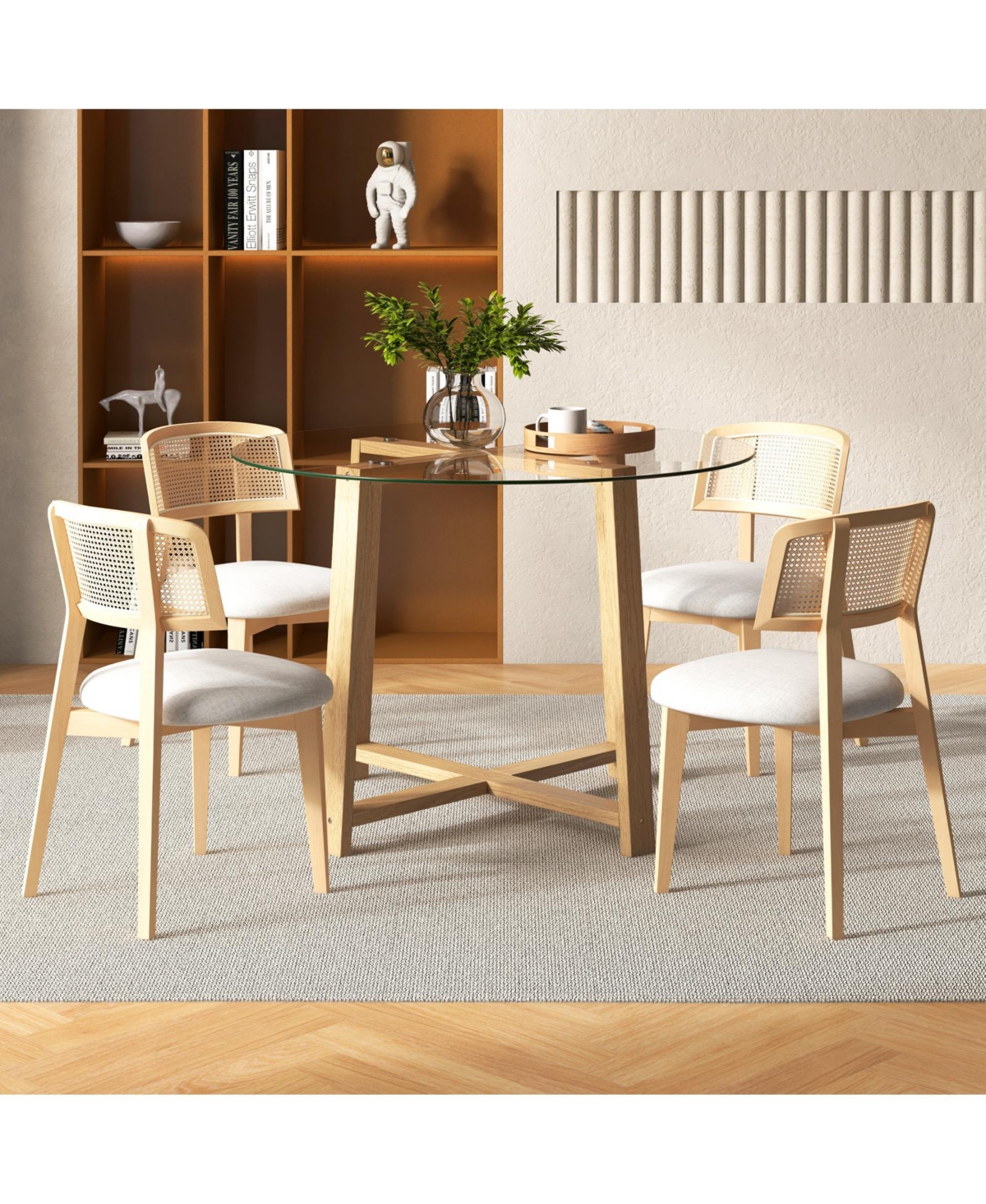 Gouun Inches Round Glass Dining Table with Tempered Glass Tabletop and Rubber Wood Legs
