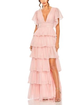 Women's Tiered Flutter Sleeve V-Neck Evening Gown