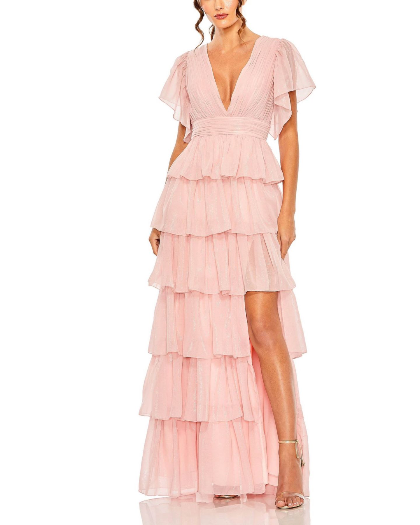 Женское платье Mac Duggal Tiered Flutter Sleeve V-Neck Evening Gown, цвет: Розовый — фото 1