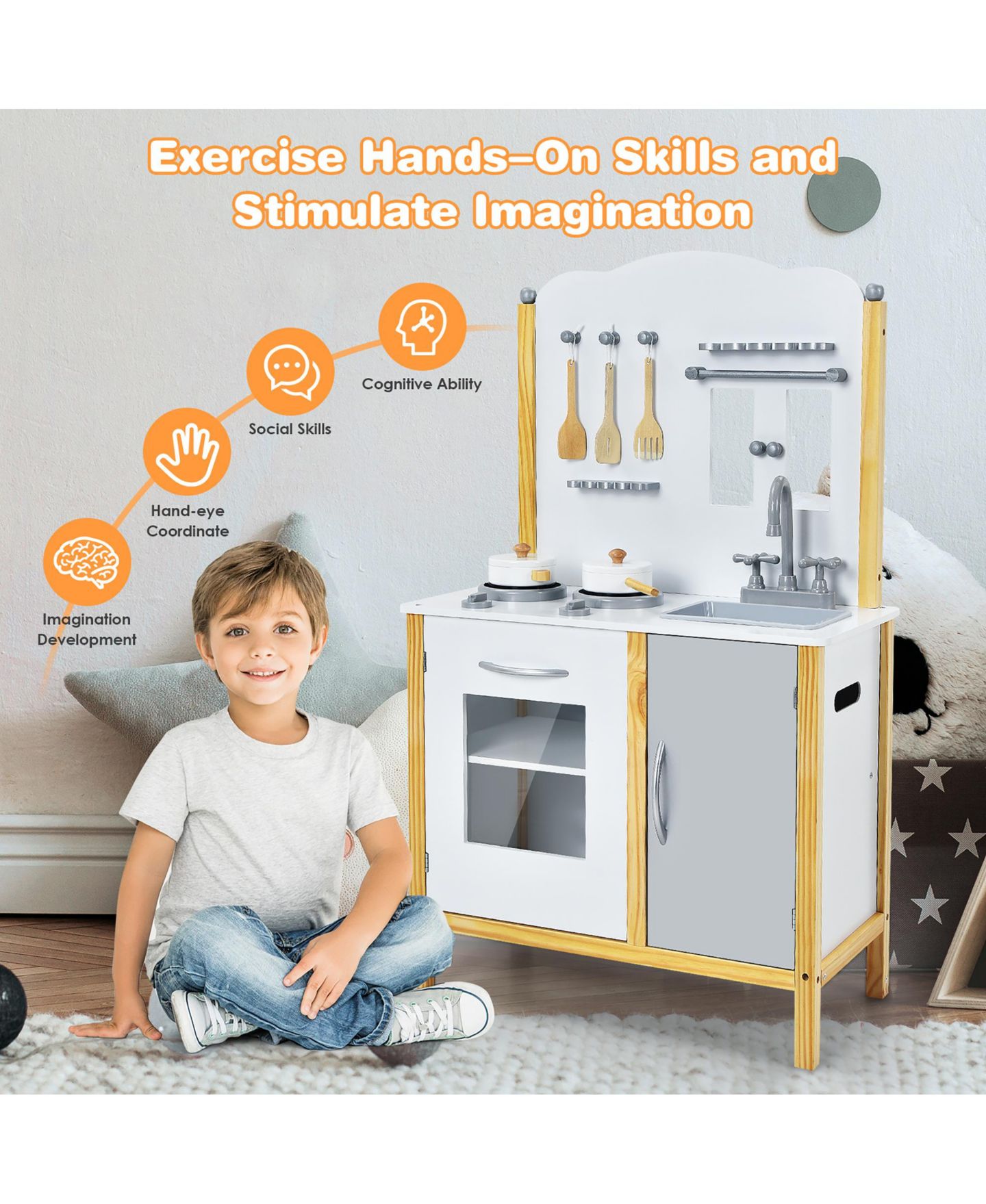 Детские игрушки Costway Play Kitchen with Storage Cabinet 6-Piece Set, Ages 3+, цвет: Белый — фото 10