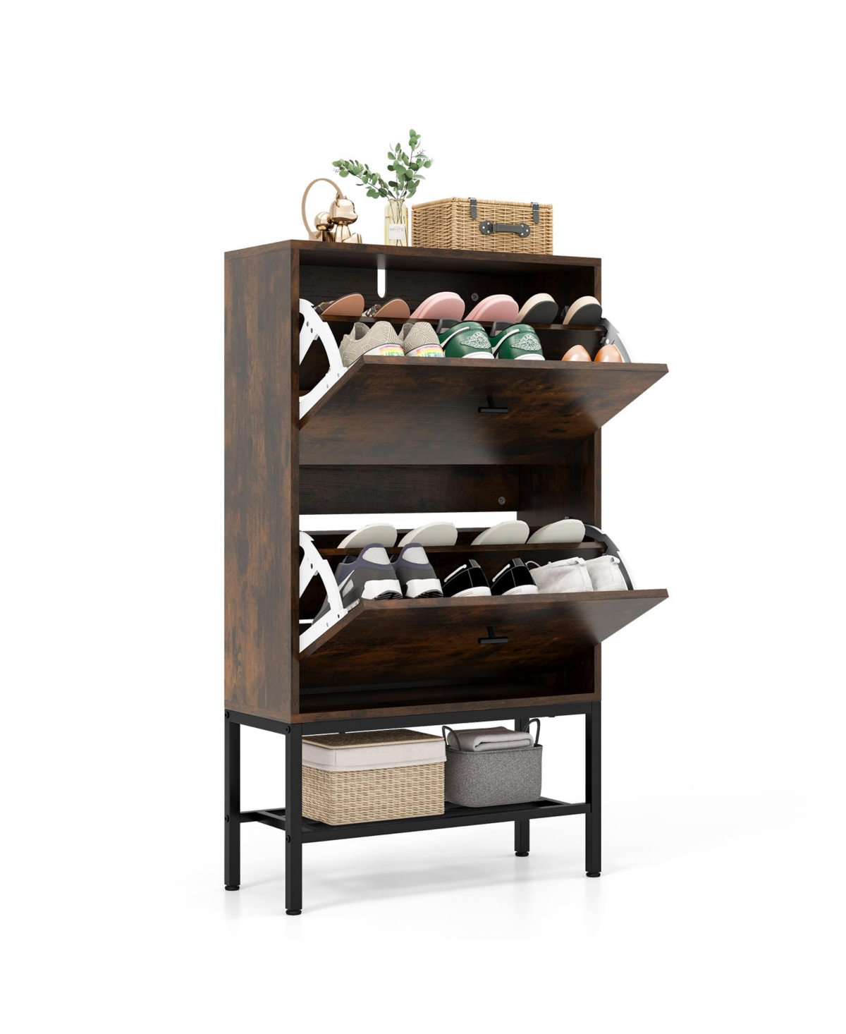 Industrial Shoe Storage Cabinet with 2 Flip Drawers and 1 Bottom Metal Shelf - Brown