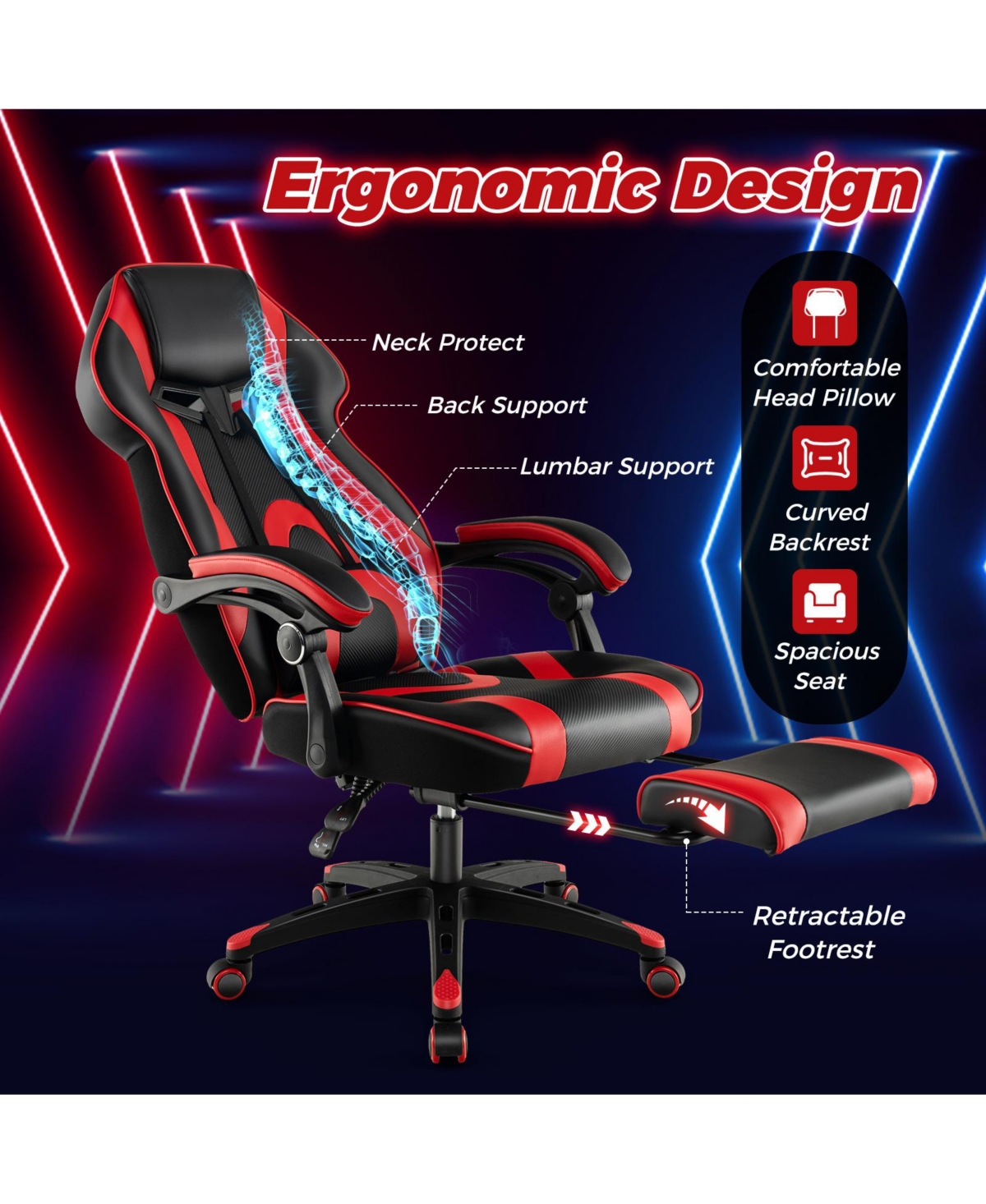 Gouun Gaming Chair Racing Style Swivel Chair with Footrest and Adjustable Lumbar Pillow