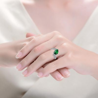 White Gold Plated with Green Pear-Shaped Cubic Zirconia Bypass Ring