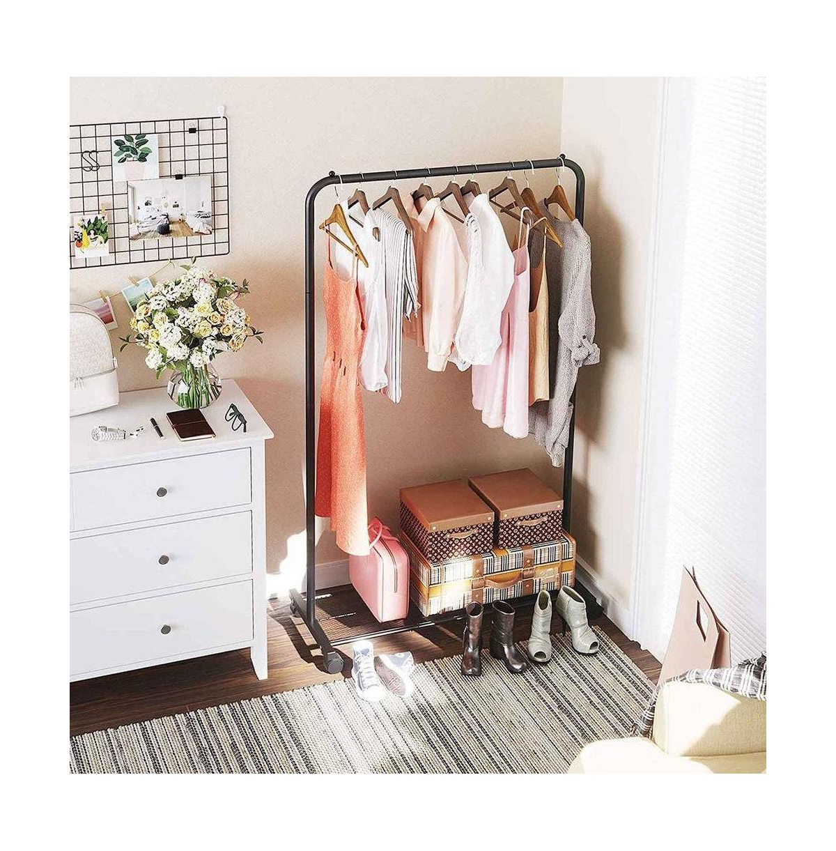Slickblue Simple Steel Tube Rolling Garment Rack with Bottom Mesh Shelf for Clothing Storage