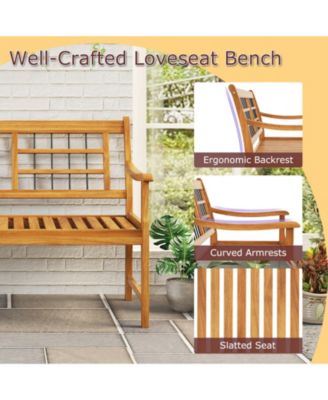 Patio Acacia Wood Bench with Curved Armrests Slatted Seat and Backrest