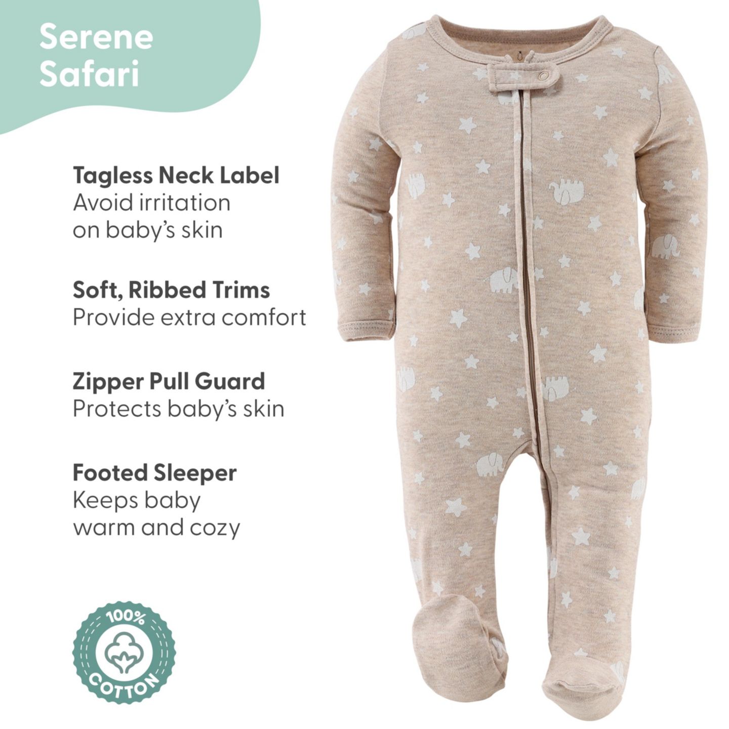 Детский хлопковый комплект для сна The Peanutshell Serene Safari, набор из 3 шт, цвет: Зелёный / Нейтральный — фото 2
