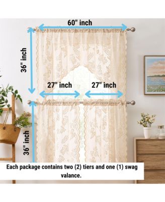 Butterfly Floral Lace - Sheer 3 Piece Kitchen Curtains Set, Light Filtering Transparent Window Swag Valance + 36 inch Tiers Set