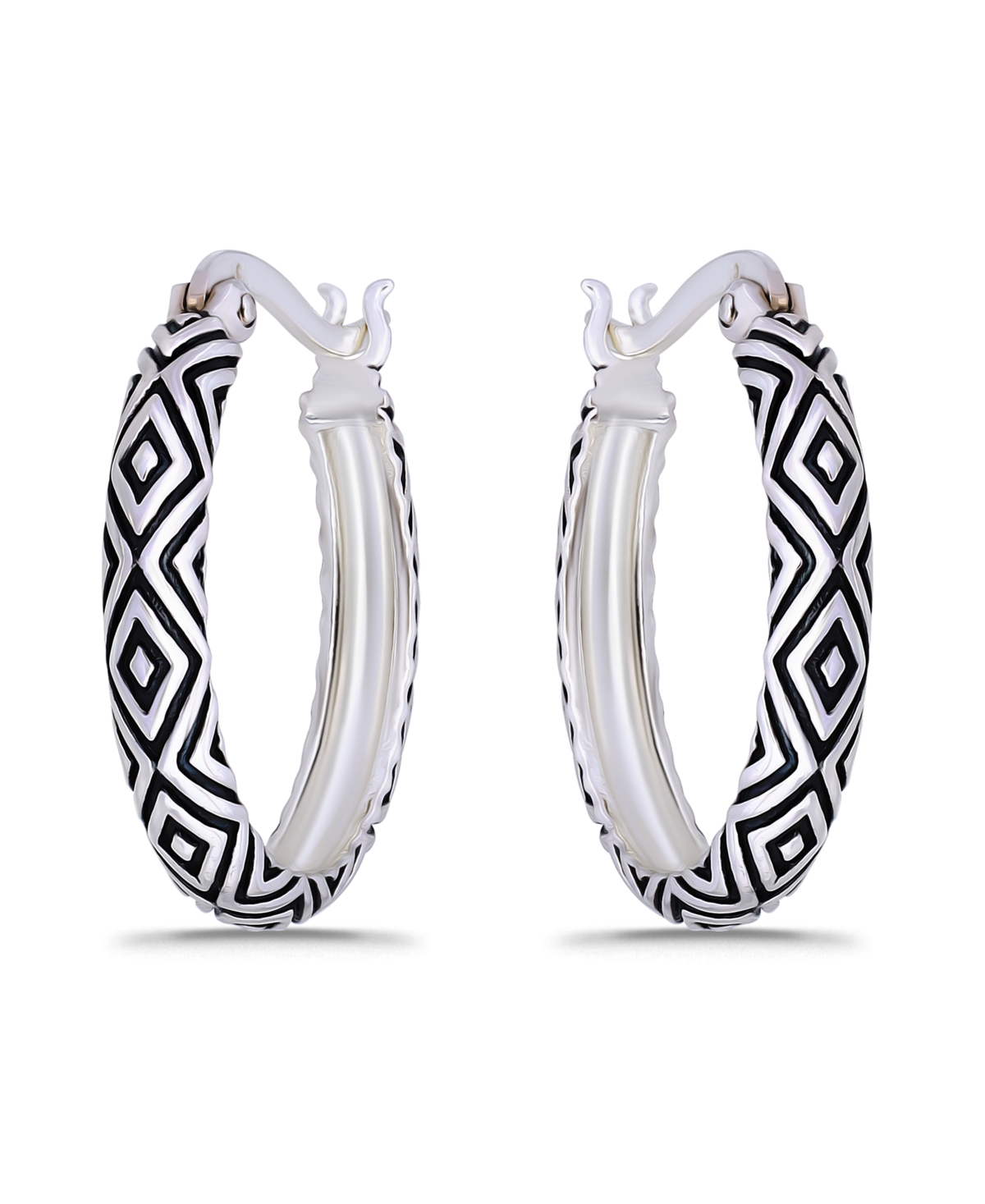 Macy's Oxidized Geometric Pattern Click Top Hoop Earrings In Silver