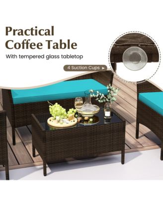 4 Piece Patio Rattan Conversation Set Wicker Furniture Set w/ Chair Loveseat Outdoor