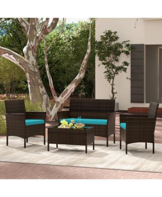 4 Piece Patio Rattan Conversation Set Wicker Furniture Set w/ Chair Loveseat Outdoor