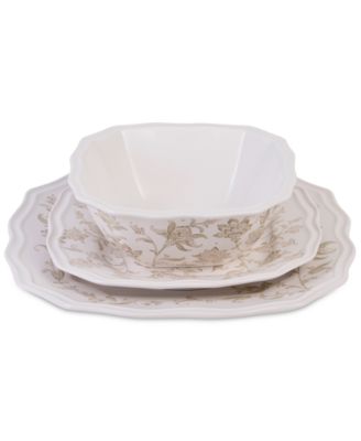 Batik Toile Taupe Porcelain 12 Pc. Dinnerware Set, Service for 4