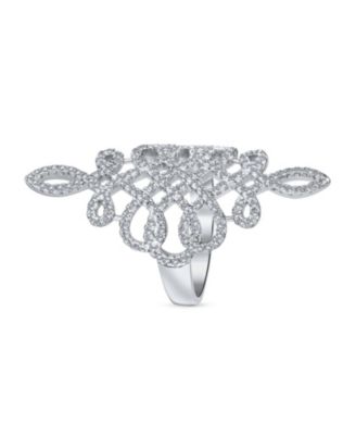 Large Pave Cubic Zirconia Art Deco Elegant Full Finger Armor CZ Statement Swirl Infinity Ring Sterling Silver