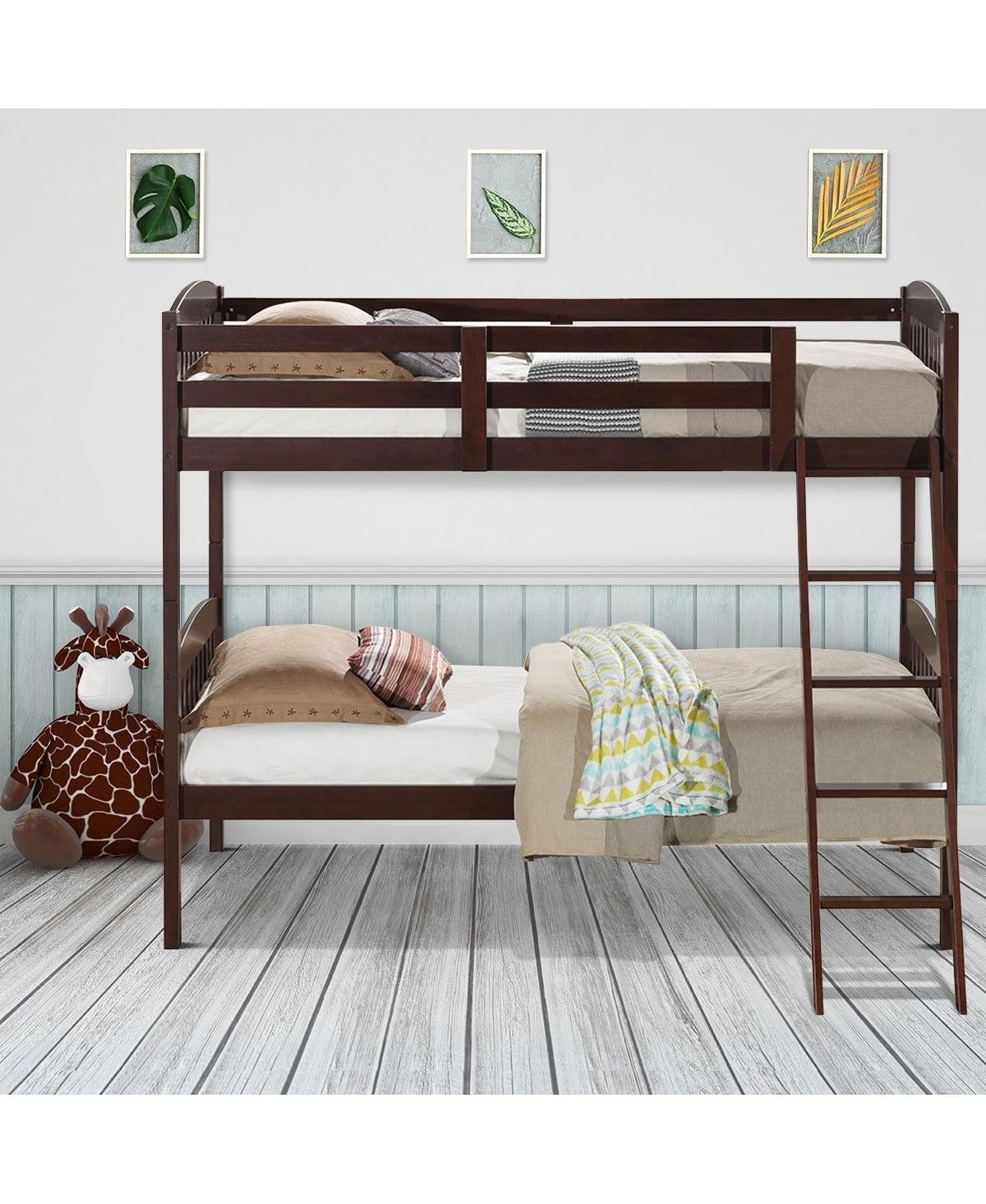Slickblue Twin over Twin Wooden Bunk Bed with Ladder Finish - Dark brown