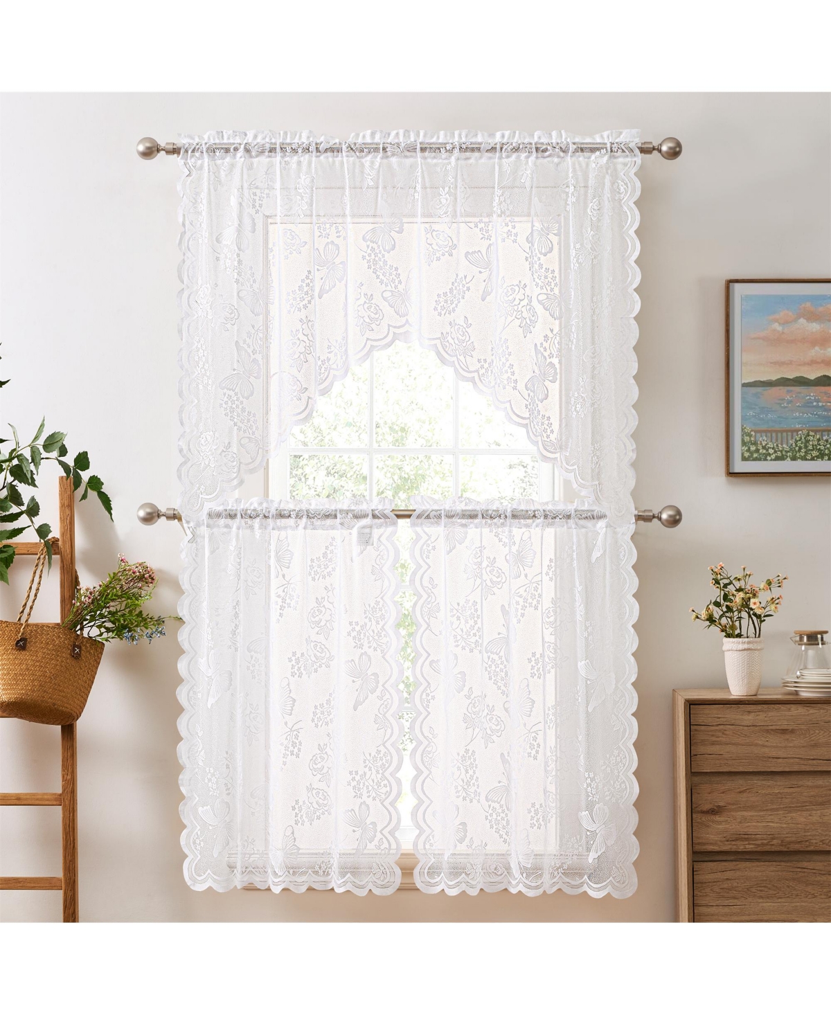Butterfly Floral Lace - Sheer 3 Piece Kitchen Curtains Set, Light Filtering Transparent Window Swag Valance + 36 inch Tiers Set - White