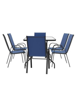 Seven Piece Patio Table Set With Metal Table With Tempered Glass Top And 6 Flex Comfort Stacking Chairs