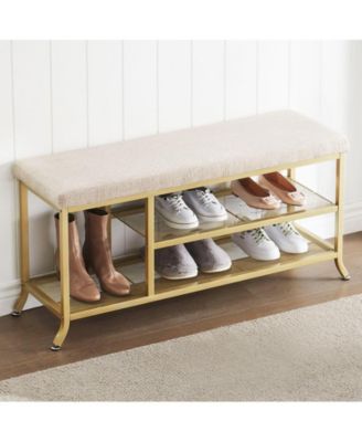 Shoe Rack Bench, 2 Tier Sturdy Shoe Storage Bench with Metal Mesh, Entryway Bench with Padded Seat, Space-Saving, Modern Style, Shoe Bench for Bedroom and Living Room, Easy to Assemble