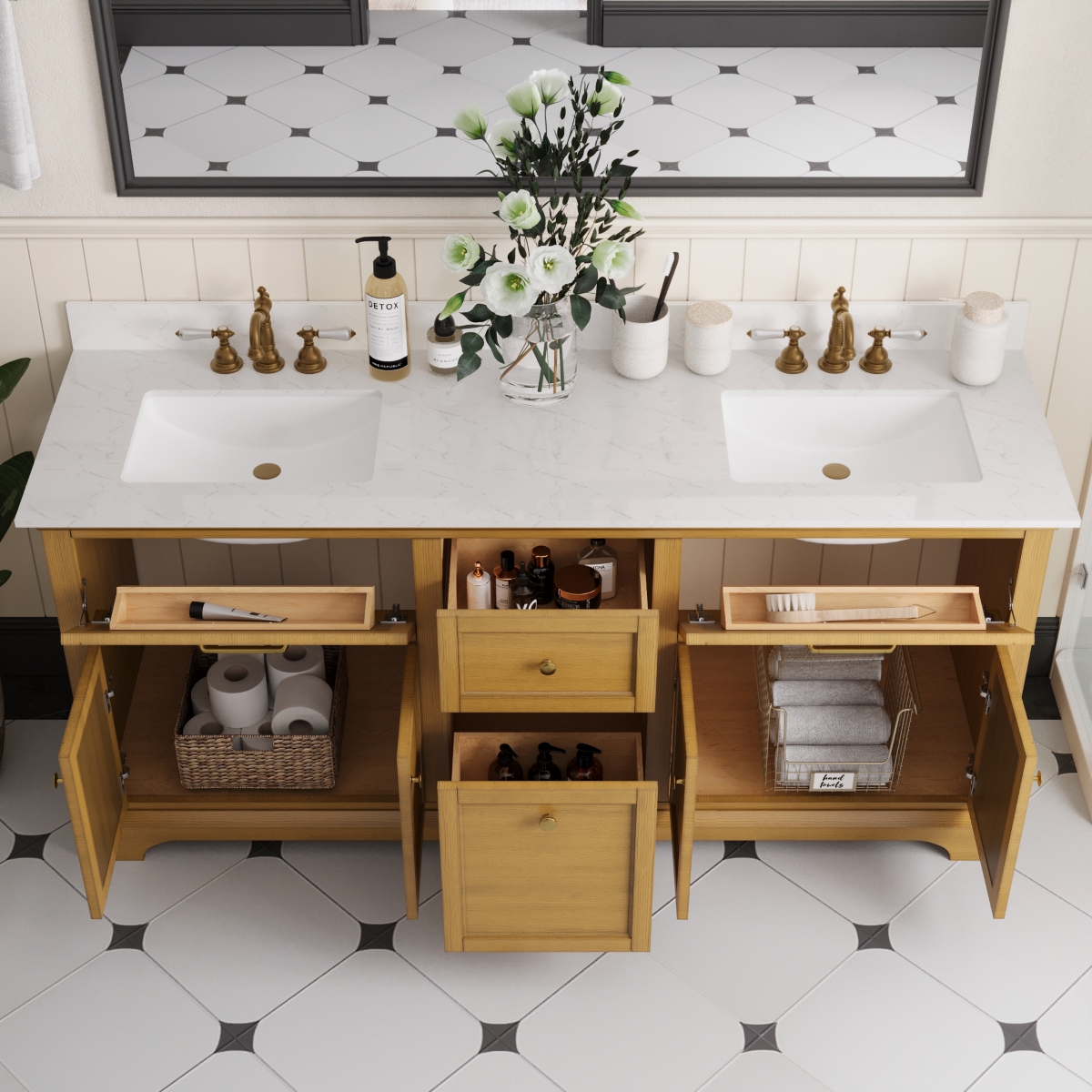 DeerValley Pre-assembled Double Bathroom Vanity with Engineered Marble Top, Soft Closing and Splash Guard