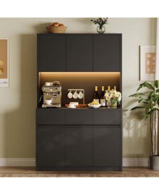 71" Tall Kitchen Pantry Cabinet with LED Lights, Power Outlets, Microwave Stand and Adjustable Shelves