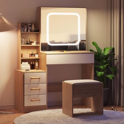 1 PC Wood Vanity Desk with Sliding Mirror and Lights, Makeup Vanity Set
