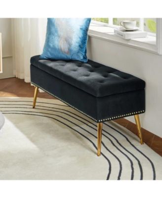 Mid-Century Modern End of Bed Storage Bench with Upholstered Seat and Wooden Legs