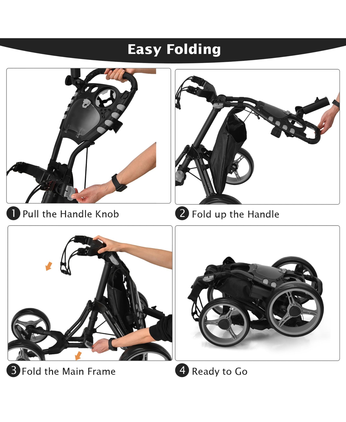 Gymax 4 Wheels Foldable Golf Push Pull Cart Trolley w/ Brake Waterproof Bag - Grey+black