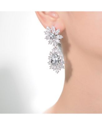 Sterling Silver White Gold Plated with Clear, Green, Blue, or Light Blue Cubic Zirconia Drop Earrings