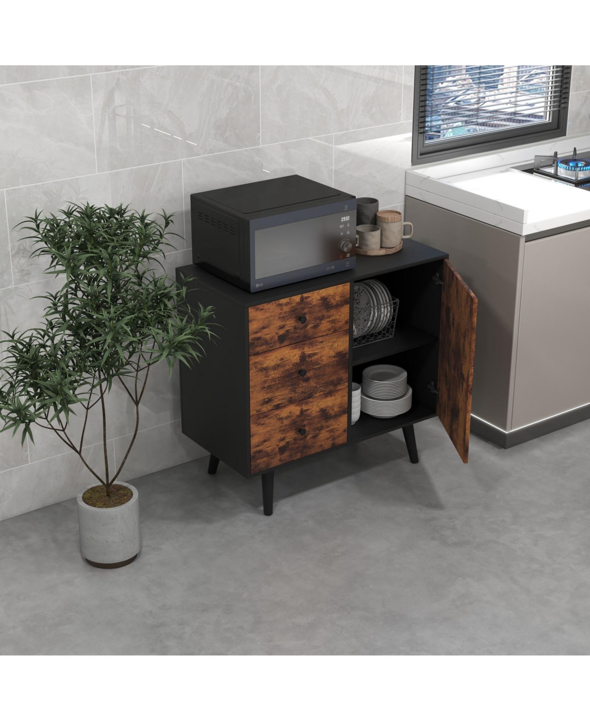 Gouun Mid-Century Wood Storage Cabinet with Door and 3 Drawers