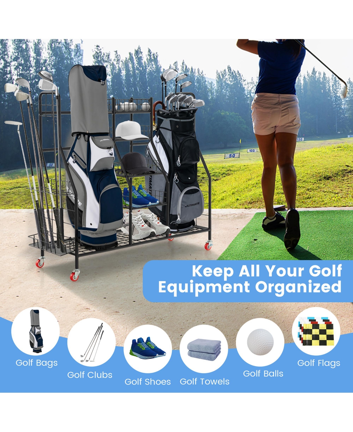 Gymax Golf Bag Storage Organizer for Garage Fits 2 Golf Bags & Accessories