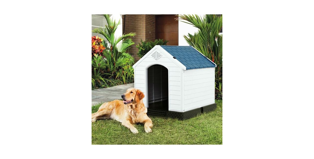 Slickblue Medium size Dog House Outdoor White Blue Plastic with Elevated Floor - Blue-White