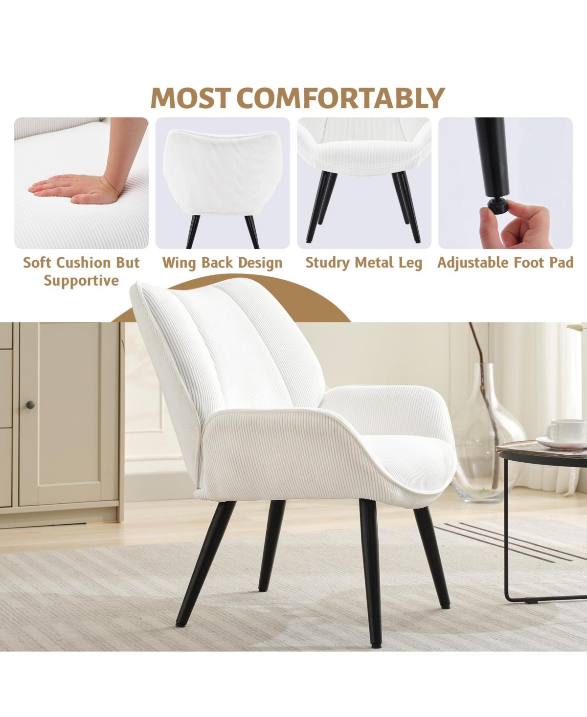 gaomon Modern Mid-Century Accent Armchair, Comfortable Single Sofa for Living Room, Bedroom, or Office, Corduroy Upholstered Reading Chair with Wingba