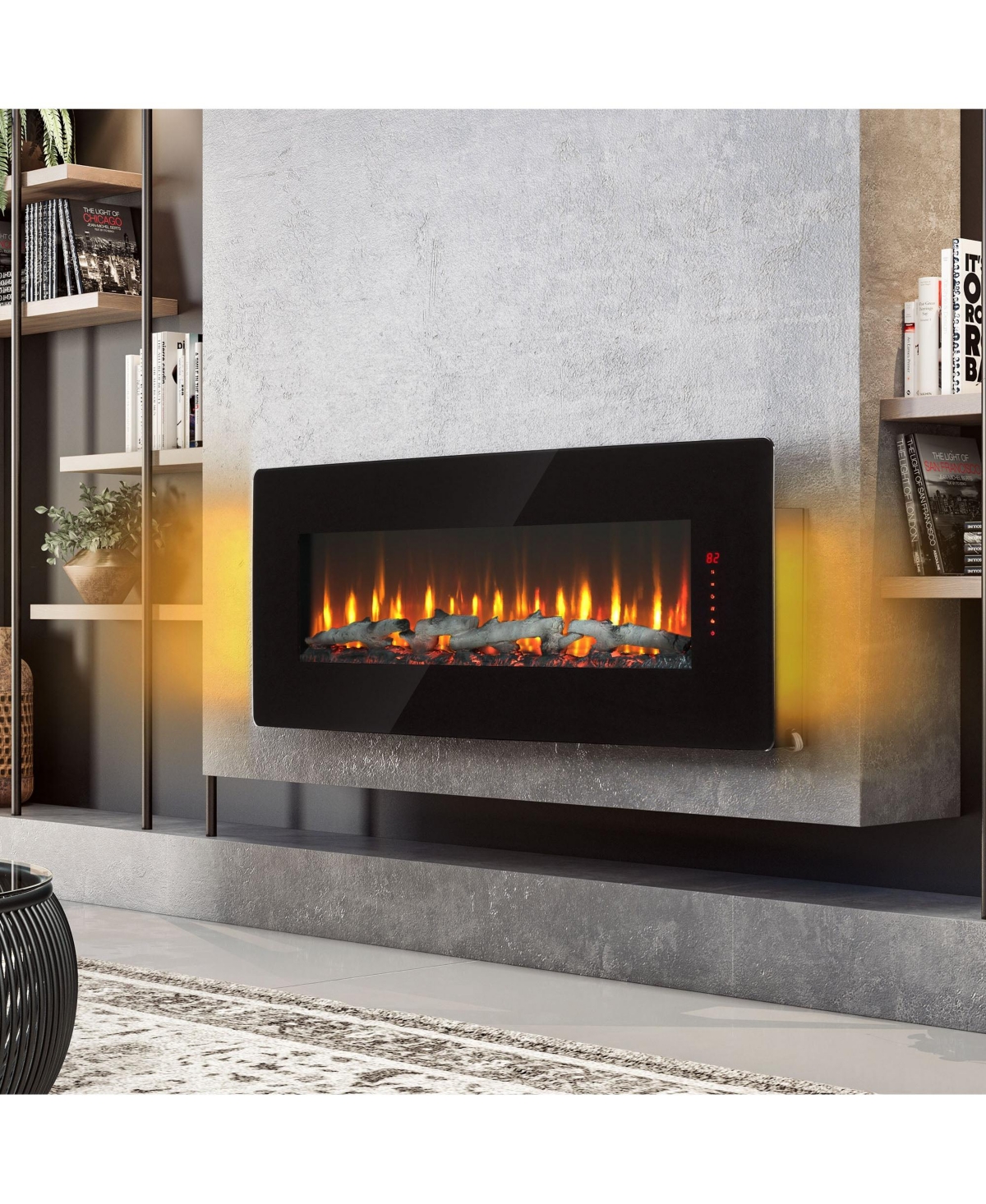 Mondawe Curved Front Wall Mounted Electric Fireplace With Remote Multi Color Flame&Emberbed