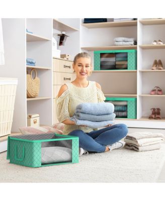 6 Pack Medium Foldable Clothes Storage Bags with Clear Window, Zipper Lid and Carry Handles - for Organizing Bedroom, Closet, Home (Teal)