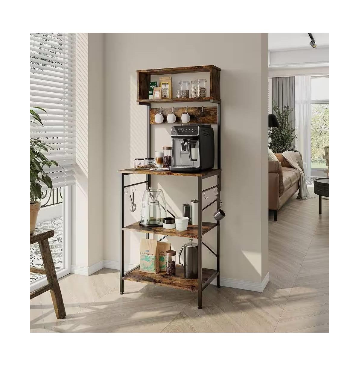 Slickblue Industrial Modern Kitchen Baker's Rack with Metal and Wood Shelves and Microwave Stand