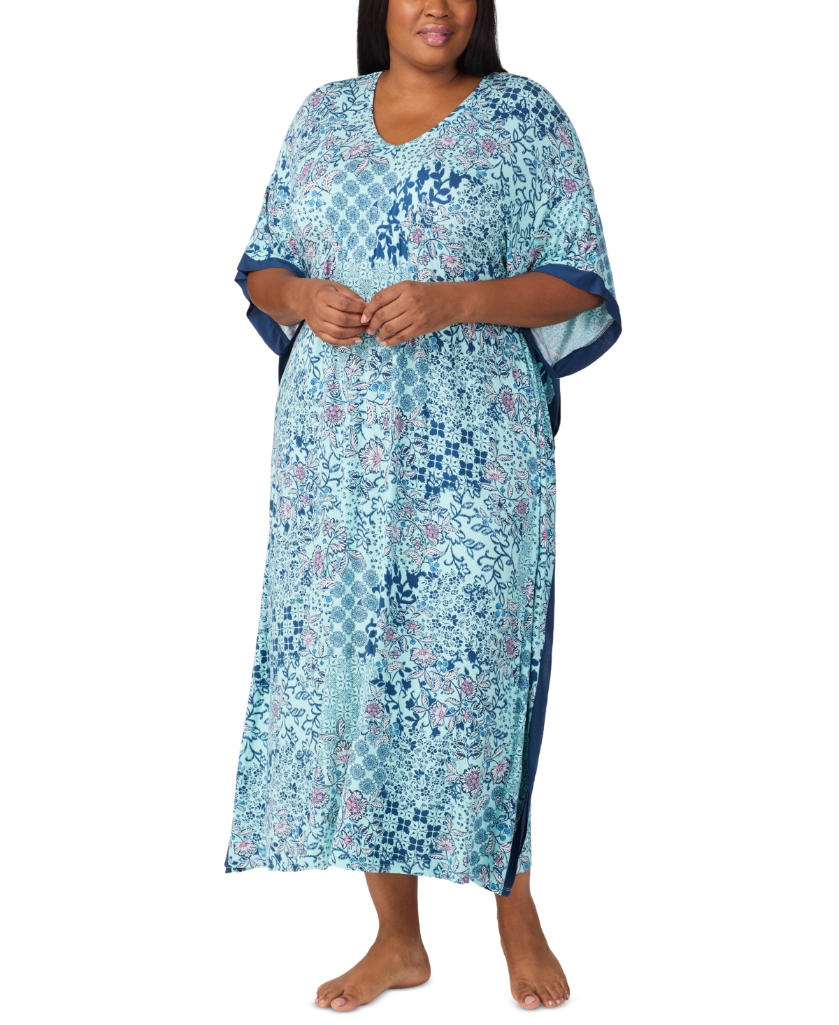 Plus Size Printed V-Neck Caftan Nightgown - Aqua Print