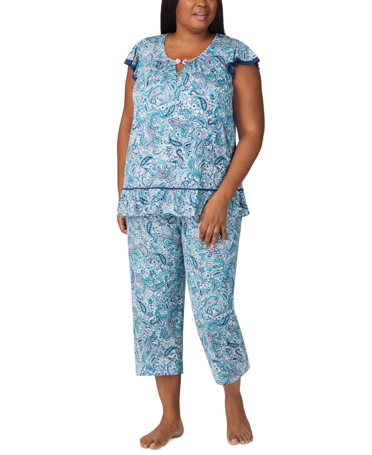 Plus Size Cropped Flutter-Sleeve Pajama Set - Multi Paisley