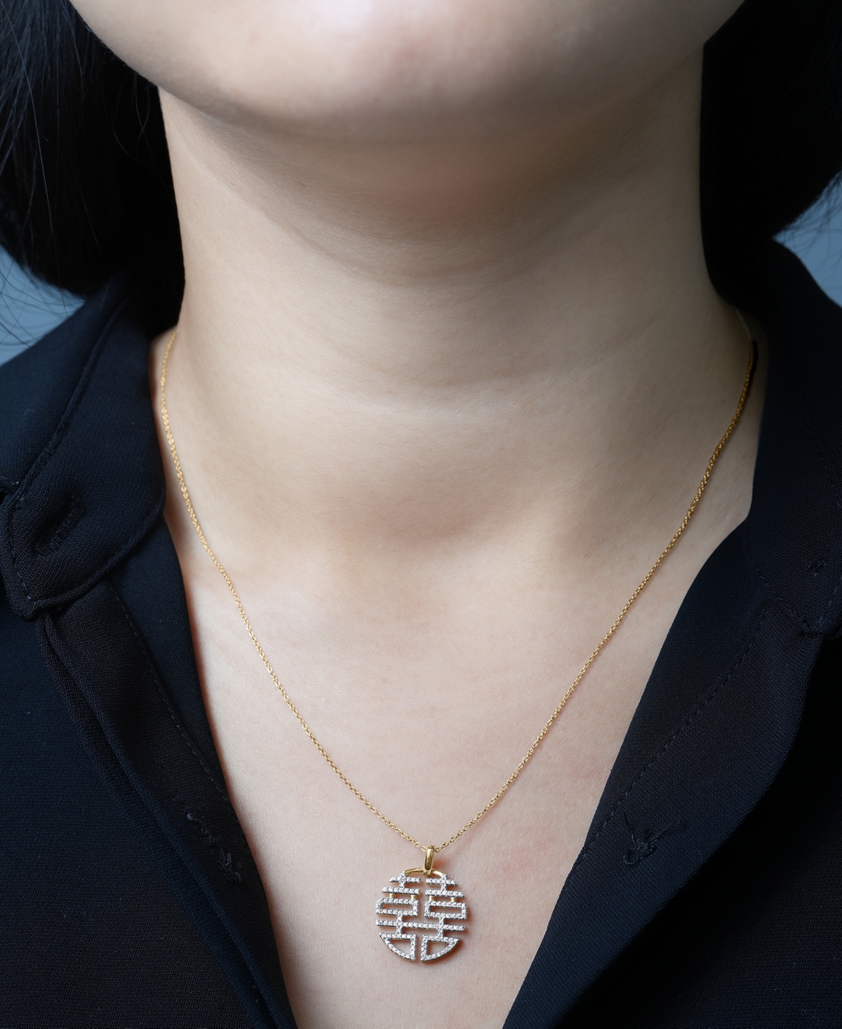 MACY'S DIAMOND DOUBLE HAPPINESS PENDANT 18" NECKLACE (1/4 CT. T.W.) IN 10K YELLOW GOLD, EXCLUSIVELY AT MACY 
