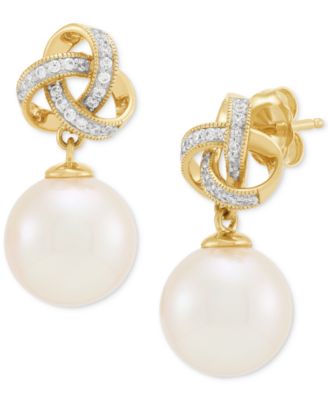 Cultured Ming Pearl (10mm) & Diamond (1/8 ct. t.w.) Love Knot Drop Earrings in 10k Gold