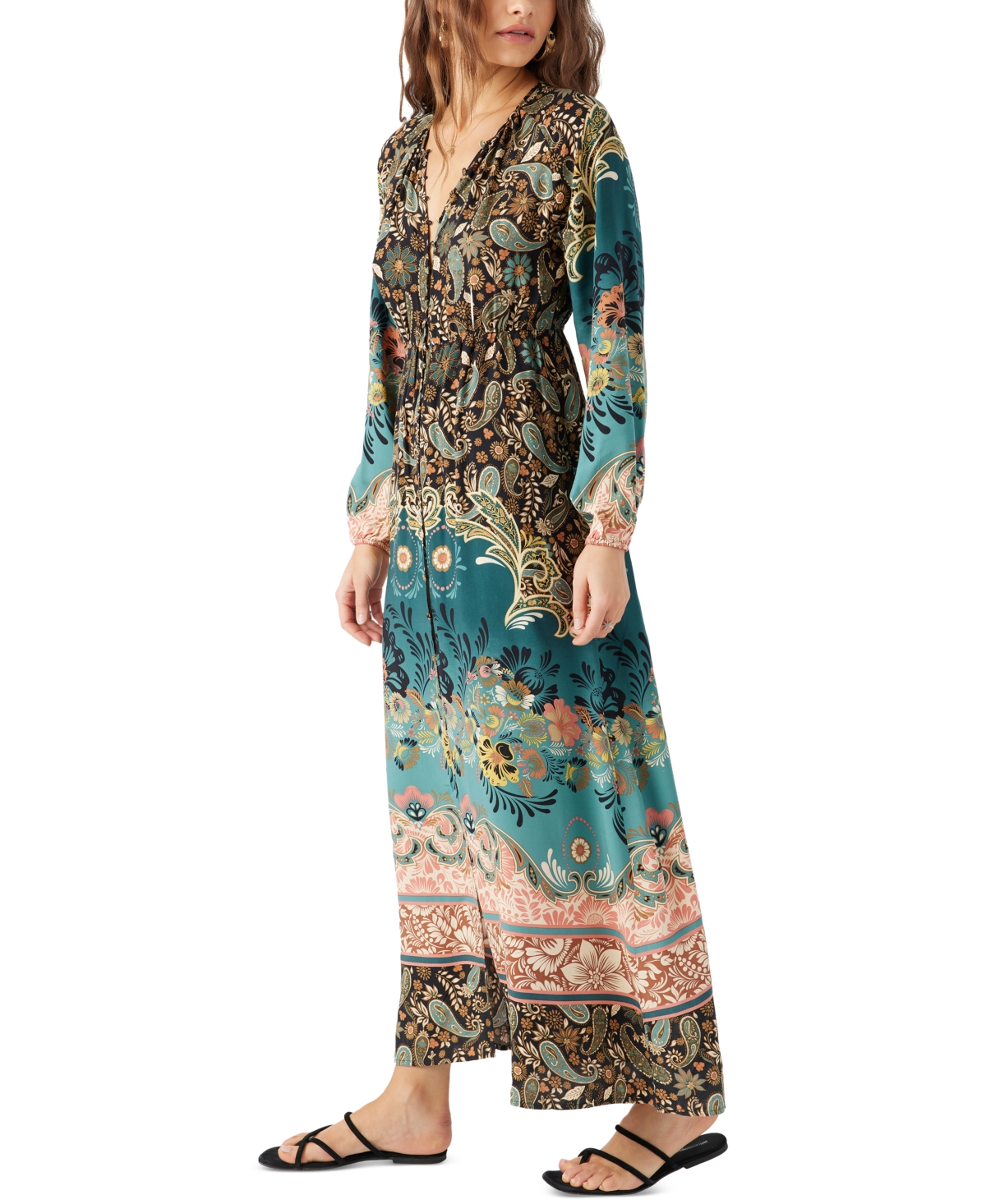 O'neill Juniors' Weslynn Printed Blouson-sleeve Maxi Dress In Silver Pine